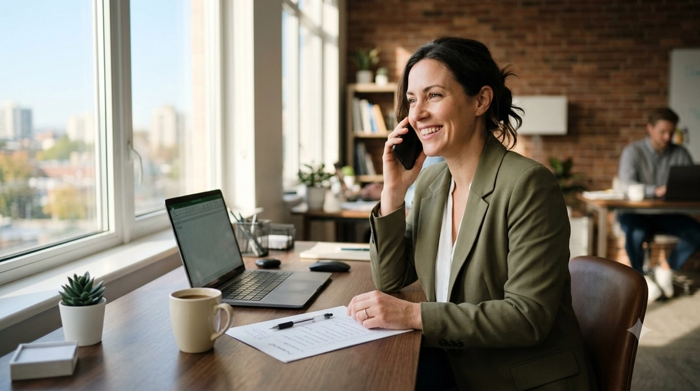 A smiling business owner on a phone call at her desk by a sunny window, with a laptop and notes in front of her