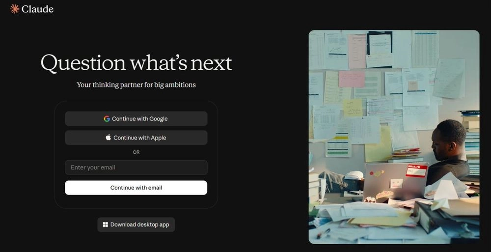 Claude sign-in page: Question what's next. Your thinking partner for big ambitions