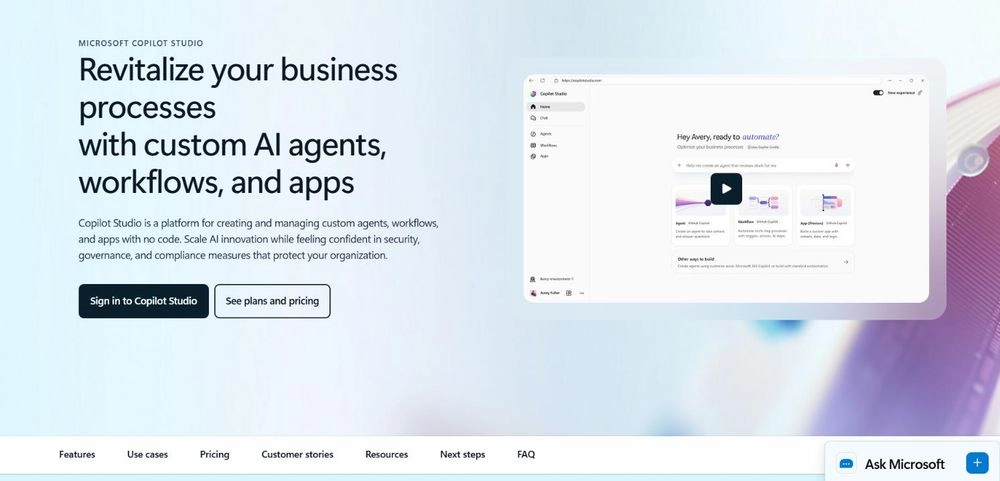 Microsoft Copilot Studio homepage: Revitalize your business processes with custom AI agents, workflows, and apps