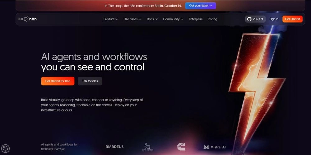 n8n homepage: AI agents and workflows you can see and control