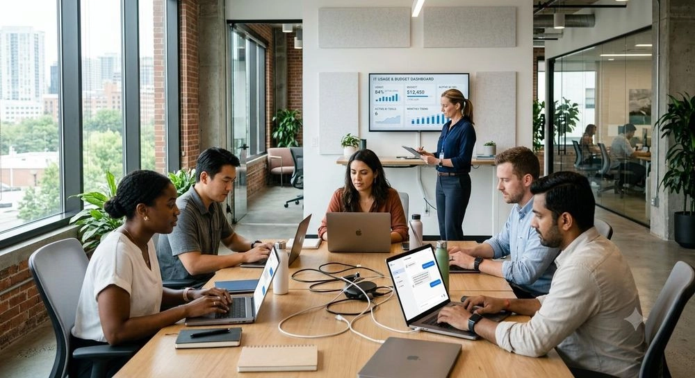 A team working on laptops around a shared table while a manager reviews an IT usage and budget dashboard on the wall