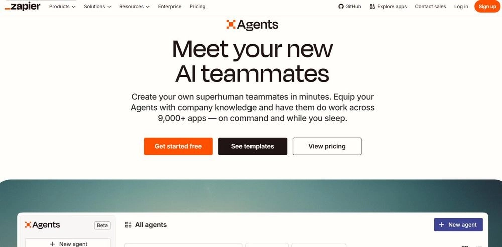Zapier Agents homepage: Meet your new AI teammates, working across 9,000+ apps