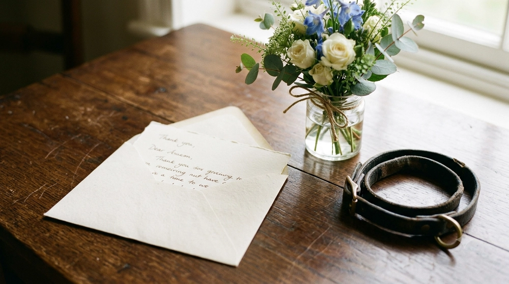 A handwritten thank-you card and a small vase of flowers on a wooden table beside a worn leather pet collar