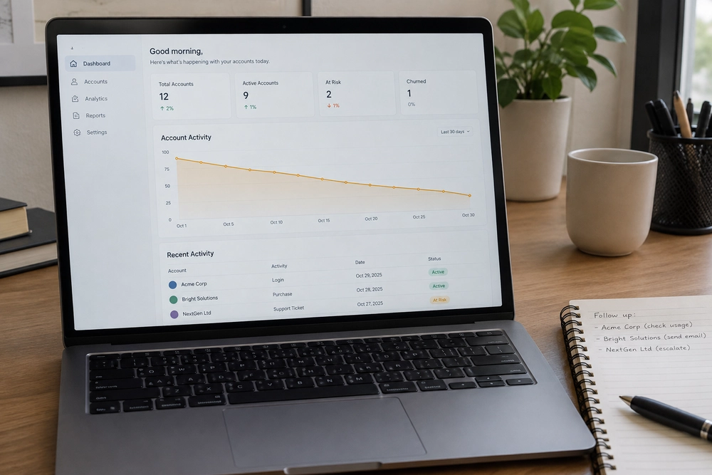 A laptop showing an account dashboard with declining account activity over 30 days and accounts marked active or at risk, next to a notebook listing customers to follow up with