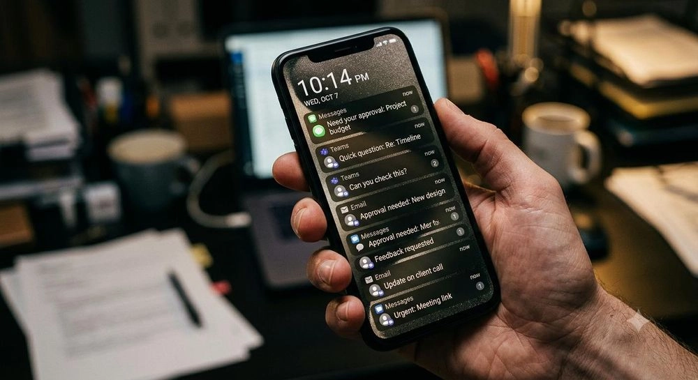 A hand holding a phone at 10:14 PM with a lock screen full of approval requests and "quick question" notifications