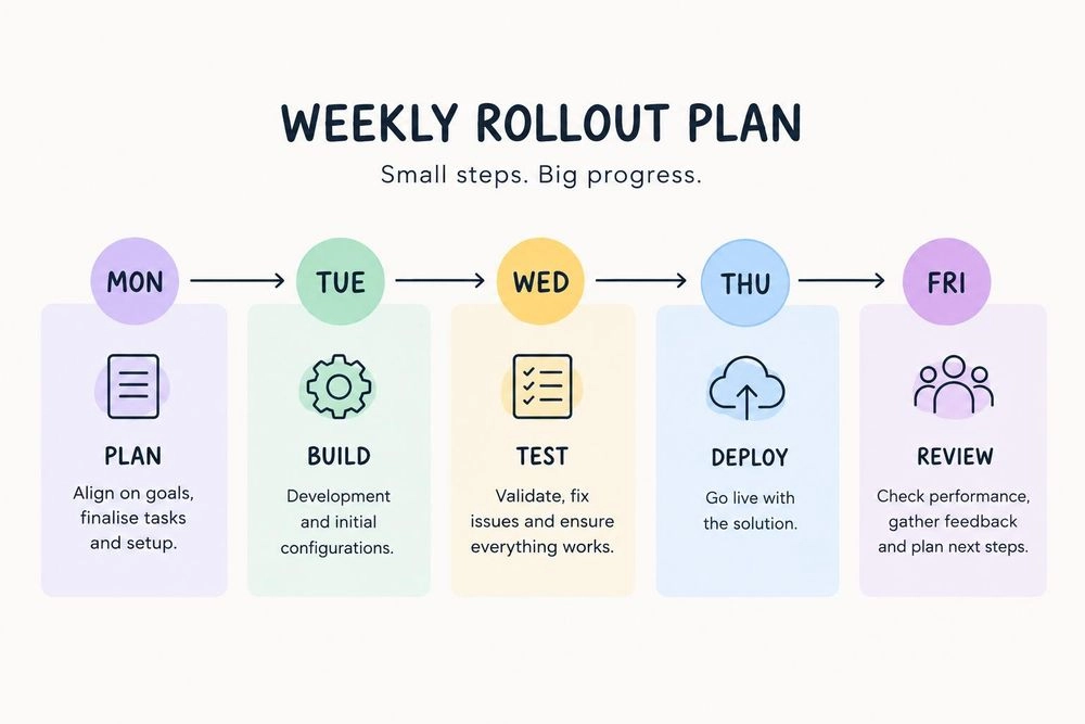 Weekly rollout plan infographic: Monday plan, Tuesday build, Wednesday test, Thursday deploy, Friday review. Small steps, big progress.