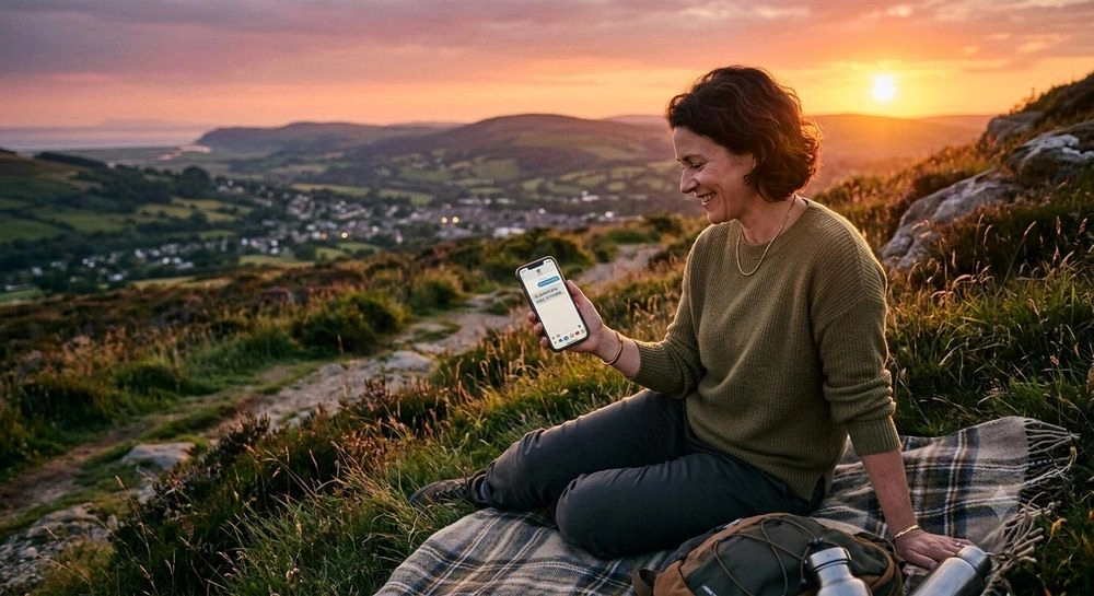 A smiling founder sitting on a hillside at sunset, checking her phone while away from the office