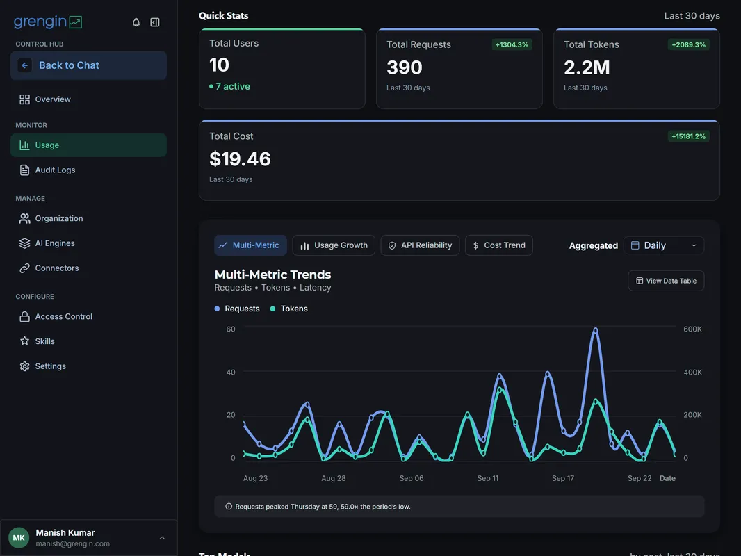 Analytics Dashboard showing analytics and reporting features including usage dashboards and cost tracking