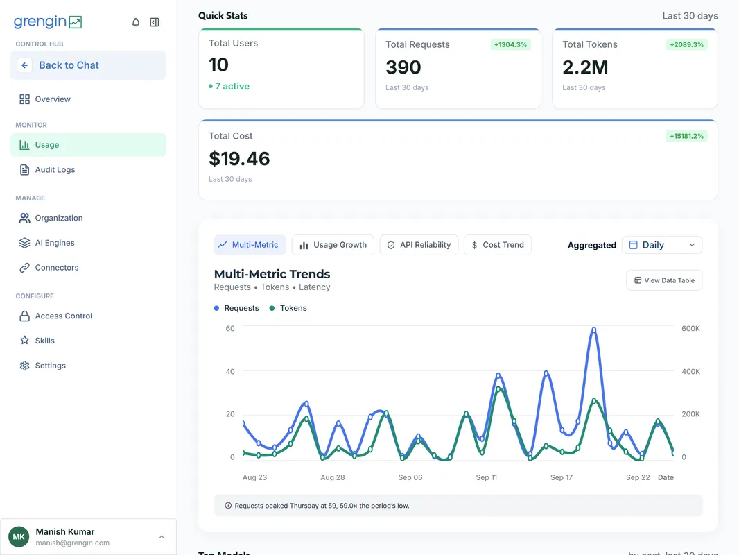 Analytics Dashboard showing analytics and reporting features including usage dashboards and cost tracking