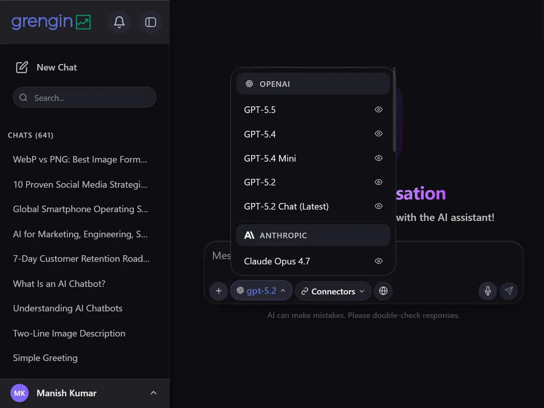 AI Model Selection Interface showing ai model access features including openai models and anthropic claude