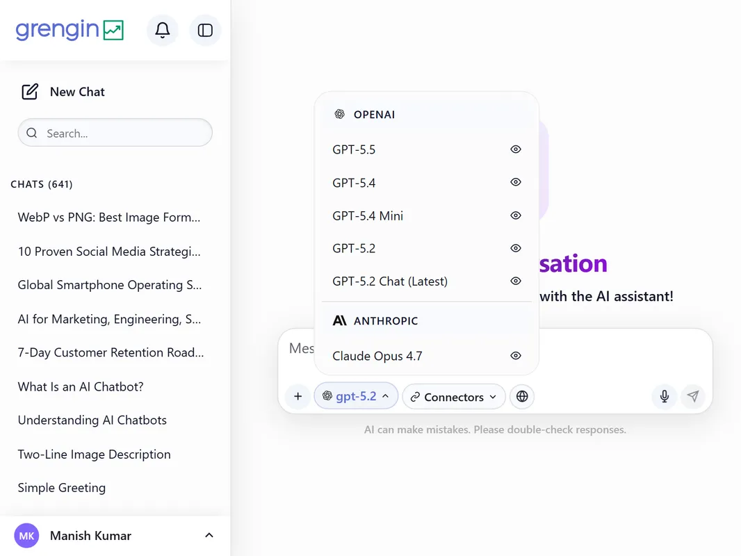 AI Model Selection Interface showing ai model access features including openai models and anthropic claude