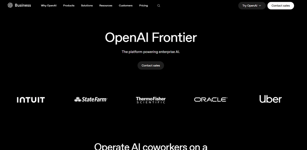 OpenAI Frontier homepage: The platform powering enterprise AI, with customer logos including Intuit, State Farm, Thermo Fisher Scientific, Oracle and Uber