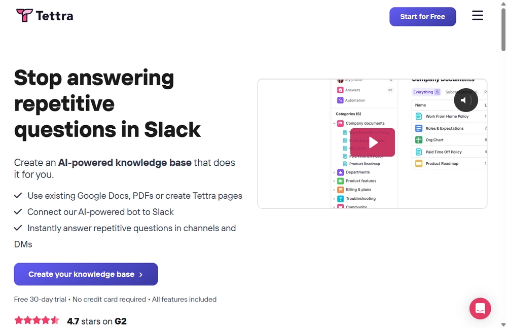Tettra homepage screenshot