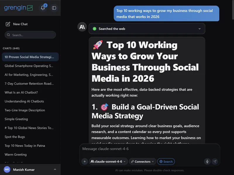 Grengin chat interface with model selection, conversation history, and message input