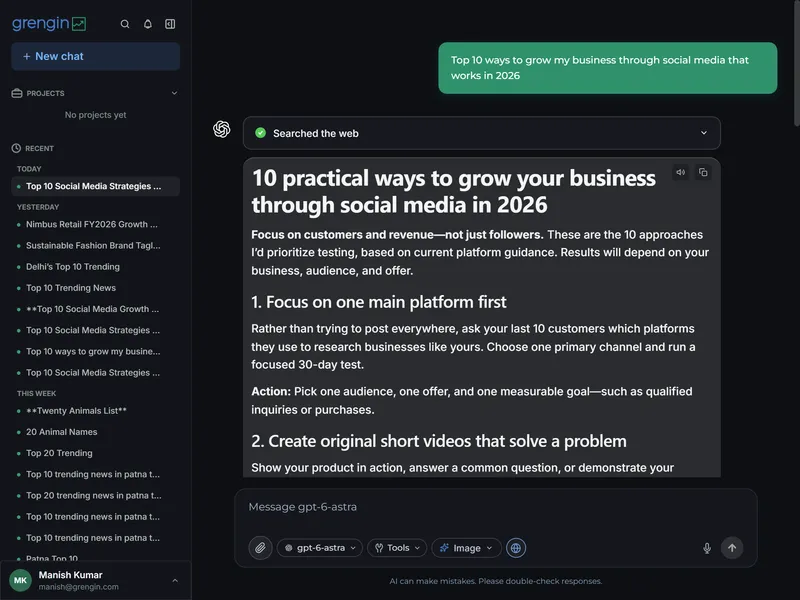 Grengin chat interface with model selection, conversation history, and message input