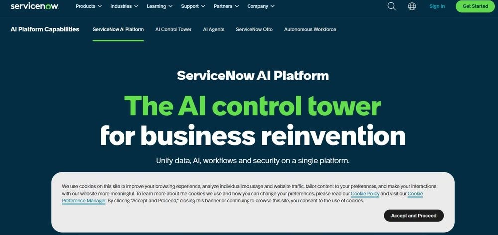 ServiceNow AI Platform homepage: The AI control tower for business reinvention