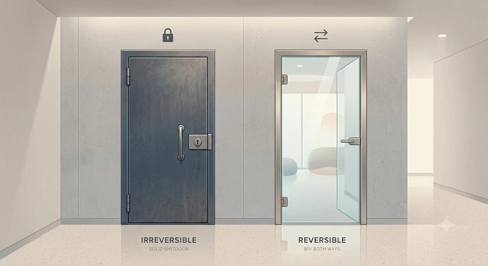 Two doors side by side: a heavy locked steel door labelled "Irreversible" and an open glass door labelled "Reversible"