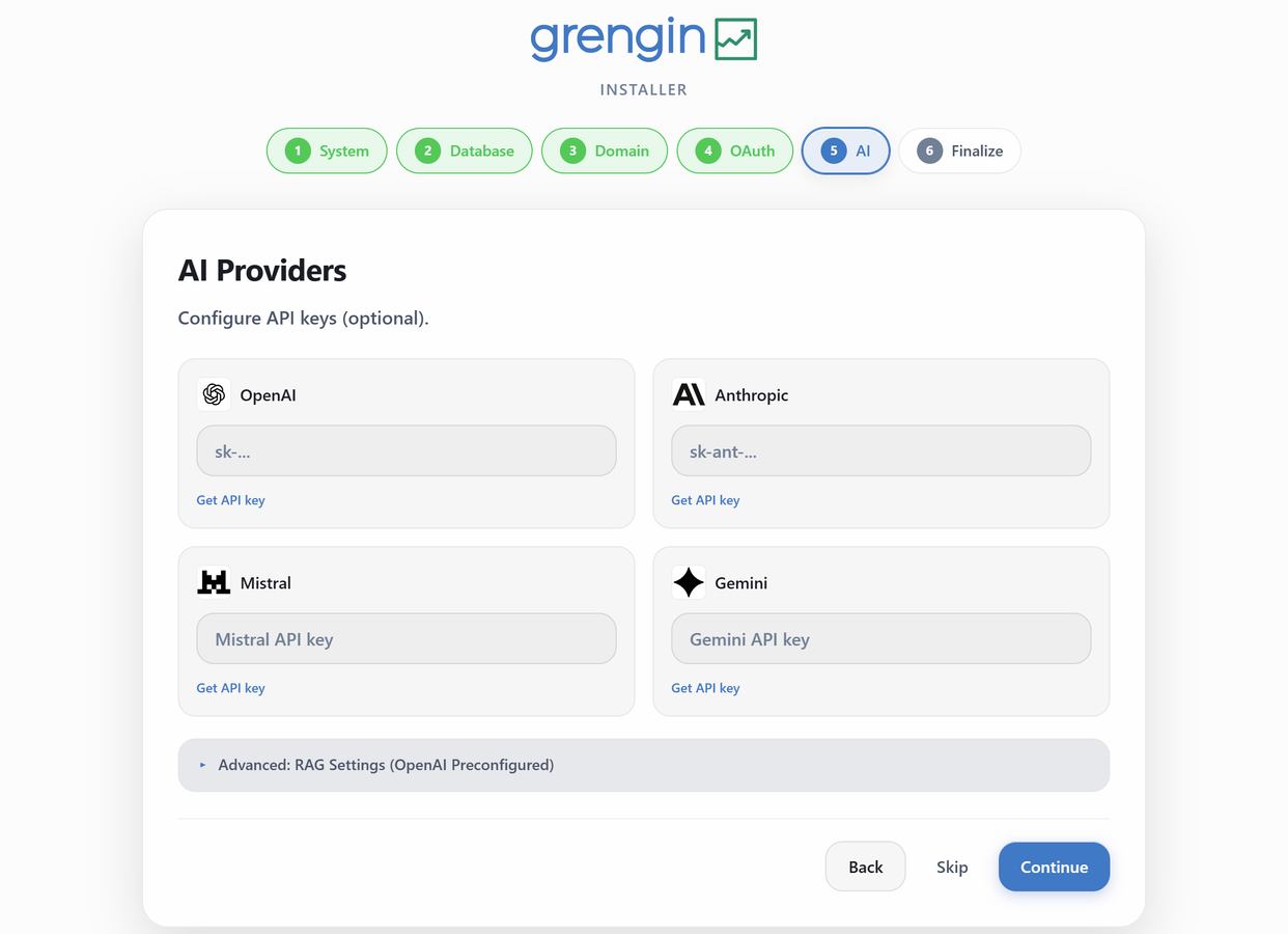 Grengin installer api key entry