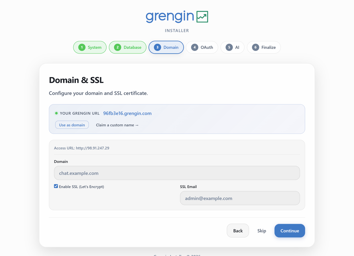 Grengin installer select domain