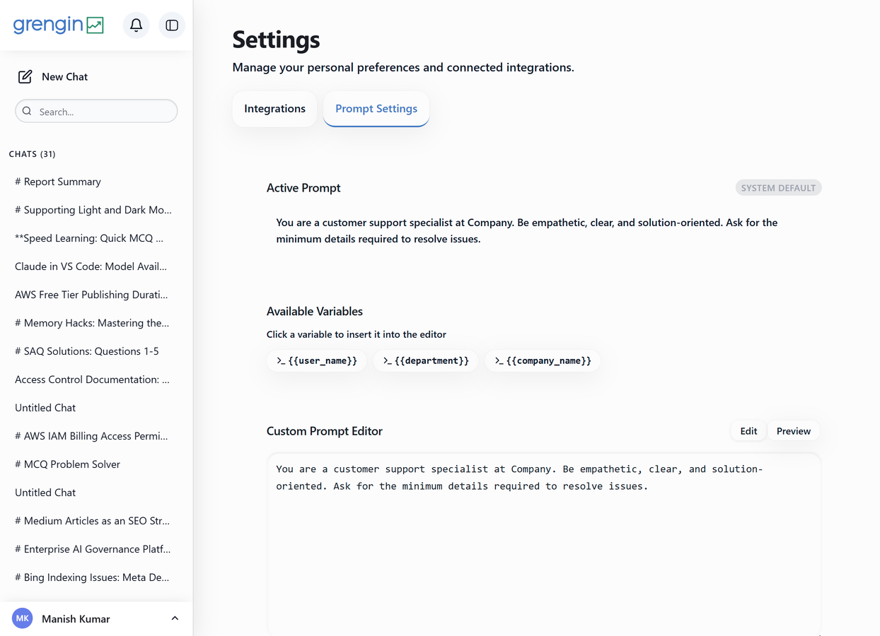 Grengin prompts user setting