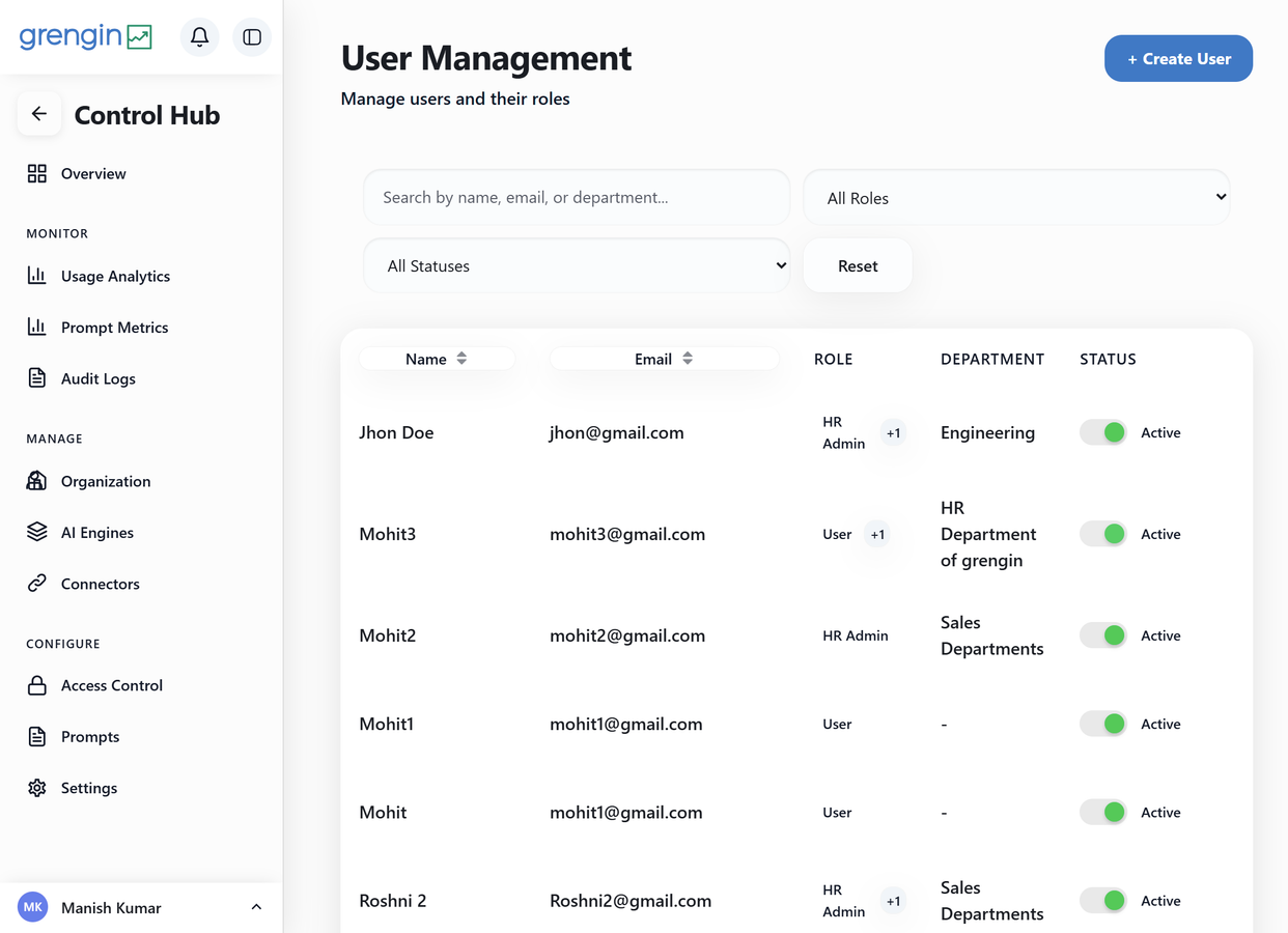 Grengin user management